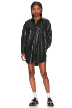 Steve Madden Sammy Faux Leather Shirt Dress Black