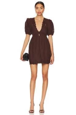 Sherri Embroidered Mini Dress Chocolate Brown